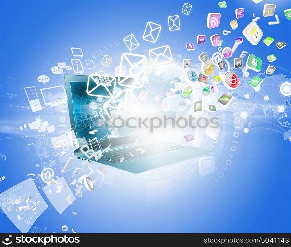 Background image with laptop. Background image with laptop and media icons