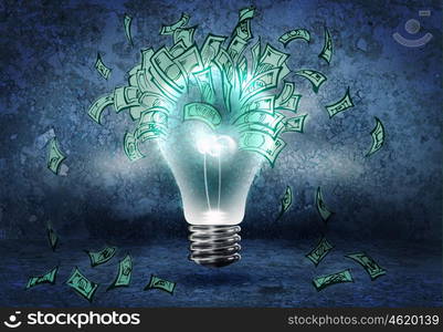 Background image with light bulb and money banknotes