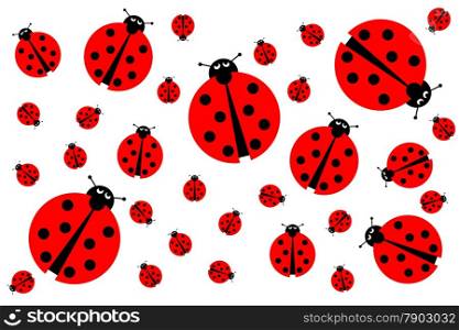 Background image with many different sized ladybugs on white background.