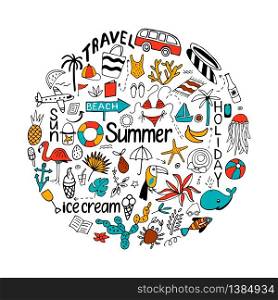 Background in circle with summer set of isolated cute colorful and black white images in doodle style and text lettering. Hand dtawn line art illustration with things for beach and holiday. Vector.. Background in circle with summer set of isolated cute colorful a