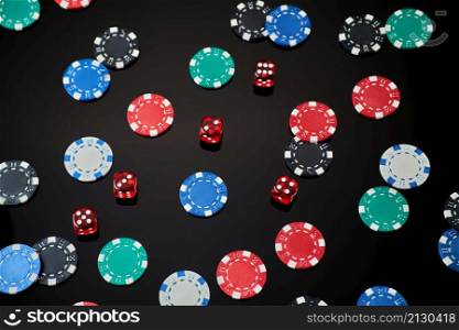 Background made of Casino chips and dices on dark reflective background with copy space.. Background made of Casino chips and dices on dark reflective background with copy space