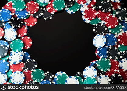 Background made of Casino chips top down view.. Background made of Casino chips top down view