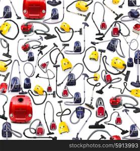 Background made of many vacuum cleaners on white