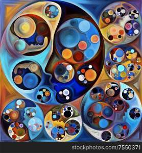 Background of abstract human faces, geometric forms, art textures and colors on subject of hidden meanings, mind, thinking, poetry, mysticism and art.