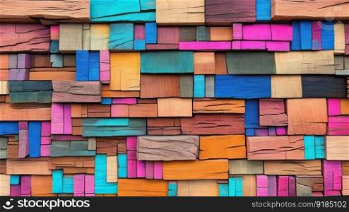 Background of an abstract block stack on a wall with a wood-aged art architecture texture and a colorful abstract wood texture. Generative AI.