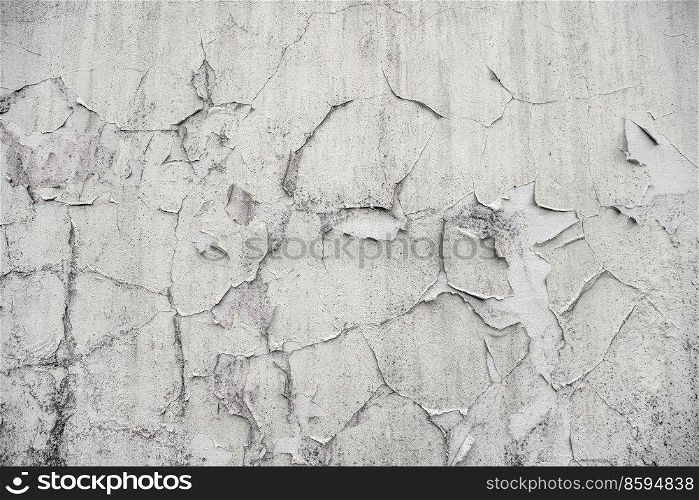 Background of an old wall with peeling paint in grey colors on worn concrete