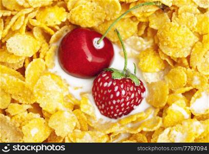 background of bowl of cornflakes milk cherry and strawberry