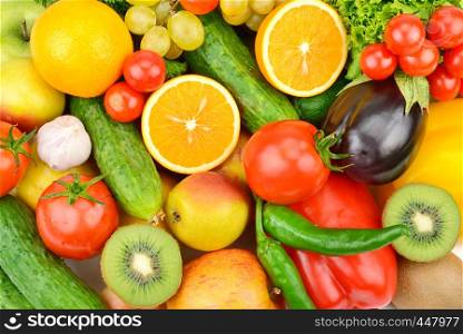 Background of Collection fresh fruits and vegetables . Healthy organic food.