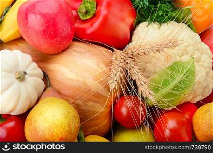 Background of Collection fresh fruits and vegetables . Healthy organic food.