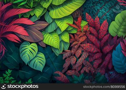 Background of colorful tropical leaves. Neural network AI generated art. Background of colorful tropical leaves. Neural network AI generated