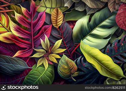Background of colorful tropical leaves. Neural network AI generated art. Background of colorful tropical leaves. Neural network AI generated