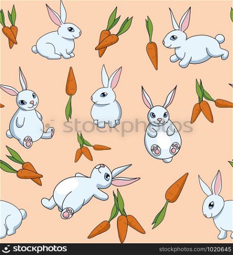 Background of cute bunnies with blue eyes and carrots.