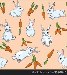 Background of cute bunnies with blue eyes and carrots.