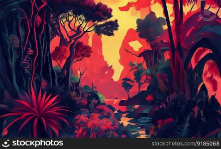 Background of fantasy colorful jungles. Generative AI.