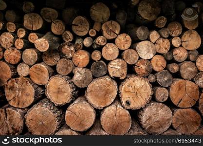 Background of firewoods stacked in pile close up. Firewoods close up