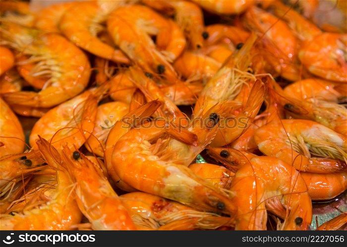 Background of fresh big shrimps in a market