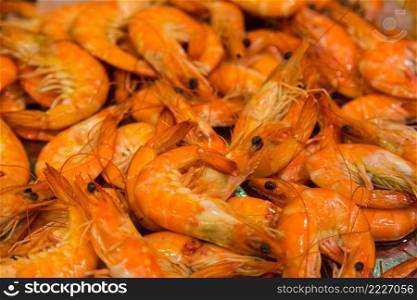 Background of fresh big shrimps in a market