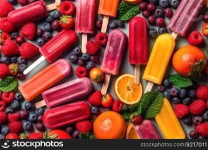 background of fruit and berry ice cream, frozen juice generative ai.