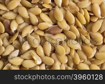 background of golden flax seeds with a few brown seeds, life size macro