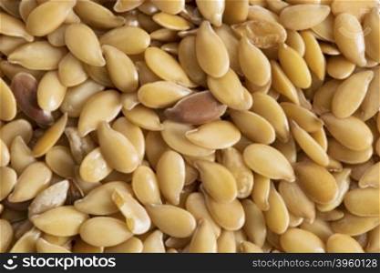 background of golden flax seeds with a few brown seeds, life size macro