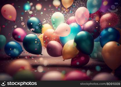 Background of holiday colourful balloons and confetti. Neural network AI generated art. Background of holiday balloons and confetti. Neural network AI generated
