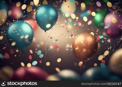 Background of holiday colourful balloons and confetti. Neural network AI generated art. Background of holiday balloons and confetti. Neural network AI generated
