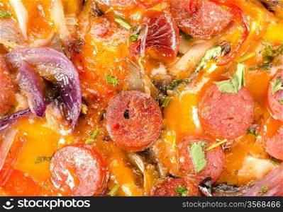 background of Italian pizza with vegetables and sausage