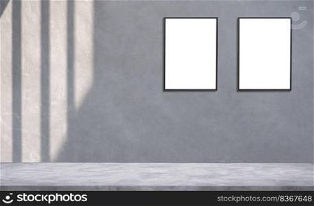 Background of light and shadow on surface of 2 blank picture frames on cement wall with concrete floor in loft style for editing products display and text present on free space backdrop
