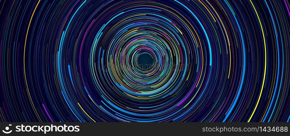 Background of light lines of blue, green, yellow and purple color of different sizes rotating rapidly in circles on a black background forming a tunnel. 3D Illustration. Background of light lines of blue, green, yellow and purple color of different sizes rotating in circles on a black background forming a tunnel. 3D Illustration