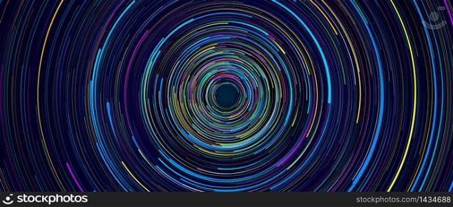 Background of light lines of blue, green, yellow and purple color of different sizes rotating rapidly in circles on a black background forming a tunnel. 3D Illustration. Background of light lines of blue, green, yellow and purple color of different sizes rotating in circles on a black background forming a tunnel. 3D Illustration