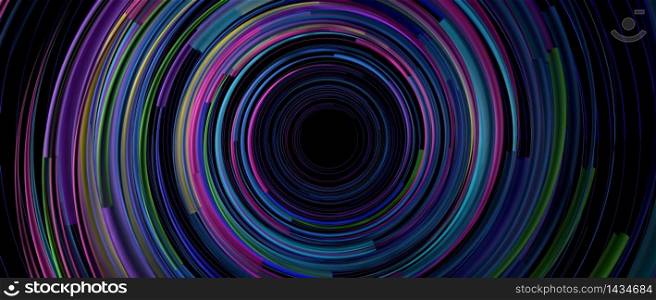 Background of light lines of blue, green, yellow and purple color rotating rapidly in circles on a black background forming a tunnel. 3D Illustration. Background of light lines of blue, green, yellow and purple color rotating in circles on a black background forming a tunnel. 3D Illustration