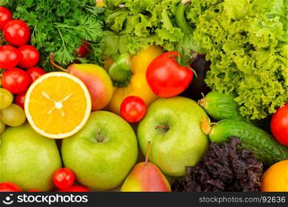 Background of natural fresh fruit and vegetables. The top view.