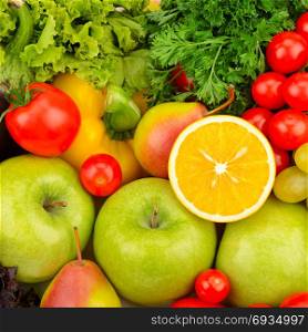 Background of natural fresh fruit and vegetables. Top view.