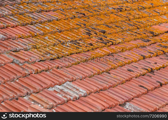 Background of old terracotta roof tiles in Tuscany, Italy