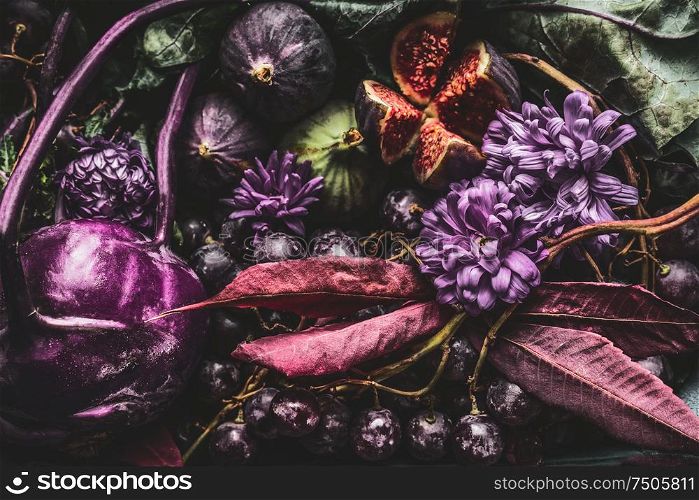 Background of purple food with fruits and vegetables, close up