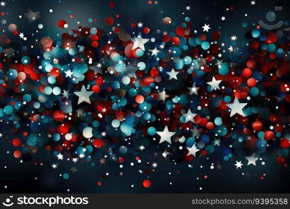 Background of red, white, and blue sparkling glitter scattered with shiny stars confetti. 4th of July celebration background. Generative AI