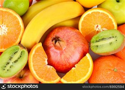 Background of Set fruits . Healthy food. Flat lay, top view.