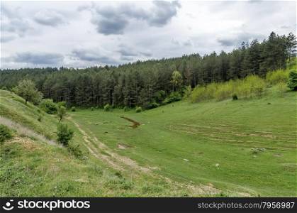 Background of sky, clouds, field and river, Ludogorie, Bulgaria