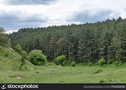 Background of sky, clouds, field and river, Ludogorie, Bulgaria