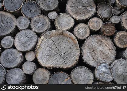 Background of stack of old dry birch firewood chocks