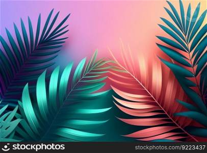 Background palm leaves branches of gradient color illustration. AI generative.