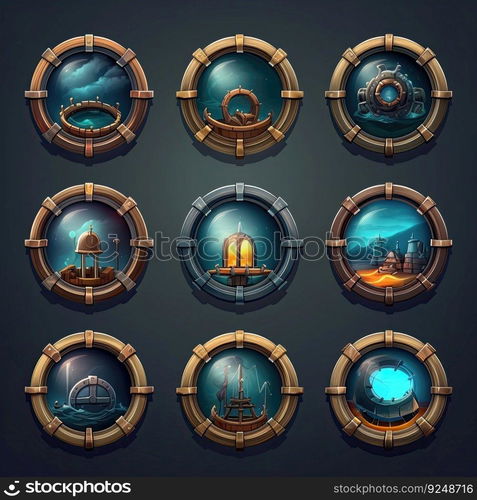 background porthole window game ai generated. frame glass, marine nautical, view submarine background porthole window game illustration. background porthole window game ai generated