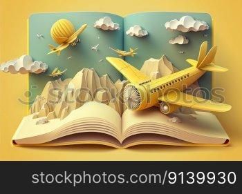 Background school notebook. 3d flying aircraft made. Illustration Generative AI 