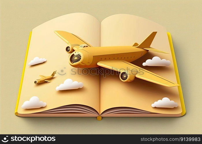 Background school notebook. 3d flying aircraft made. Illustration Generative AI 