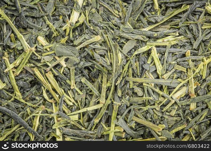 background texture of loose leaf Iccha Kariban green tea