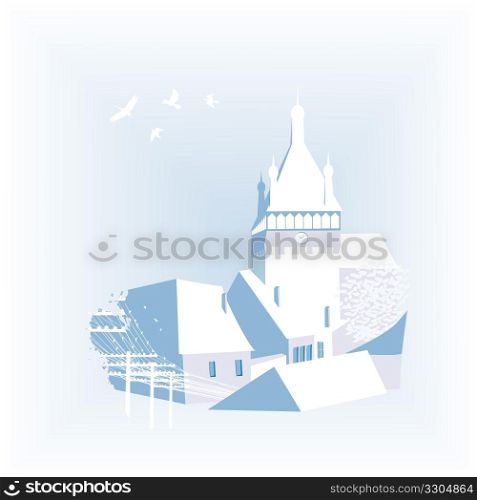 Background with a castle and village in pastel colors