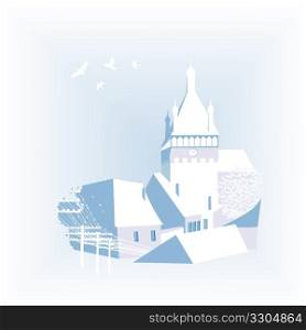 Background with a castle and village in pastel colors