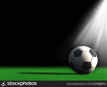 Background with a football or soccer ball on grass with spotlight
