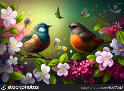 Background with birds, flowers 
on the branches illustration. AI generative.