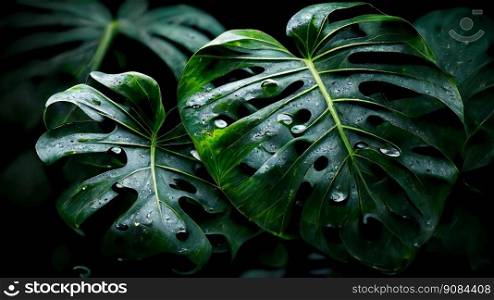 Background with dark green monstera leaves after tropical rain. Exotic leaves pattern. Ai generative illustration. . Background with dark green monstera leaves after tropical rain. Exotic leaves pattern. Ai generative. 